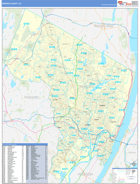 Bergen County, NJ Zip Code Wall Map Basic Style by MarketMAPS