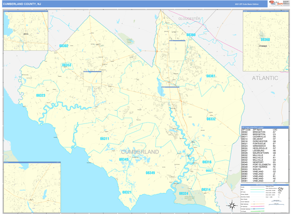 Cumberland County, NJ Zip Code Wall Map Basic Style by MarketMAPS