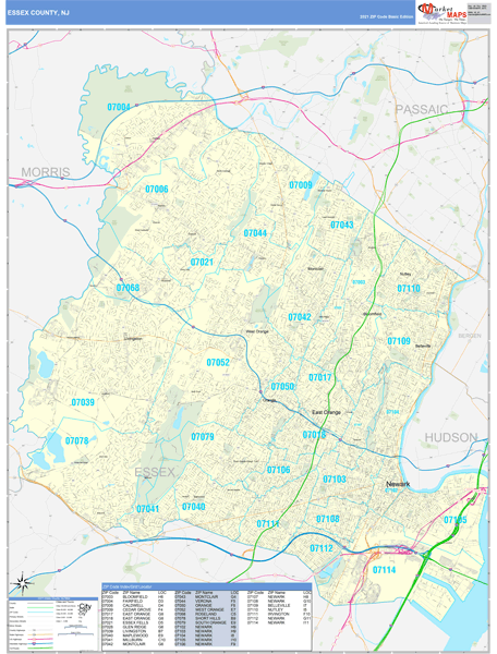 Essex County, NJ Zip Code Wall Map Basic Style by MarketMAPS