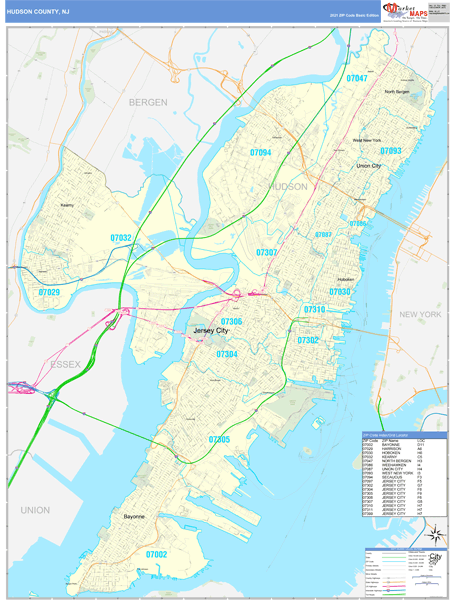 Hudson County, NJ Zip Code Wall Map Basic Style by MarketMAPS