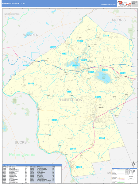 Hunterdon County, NJ Zip Code Wall Map Basic Style by MarketMAPS