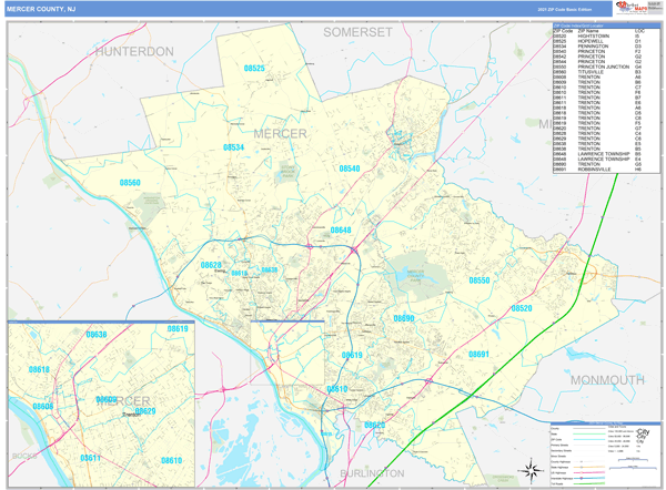 Mercer County Nj Zip Code Wall Map Basic Style By Marketmaps 9982