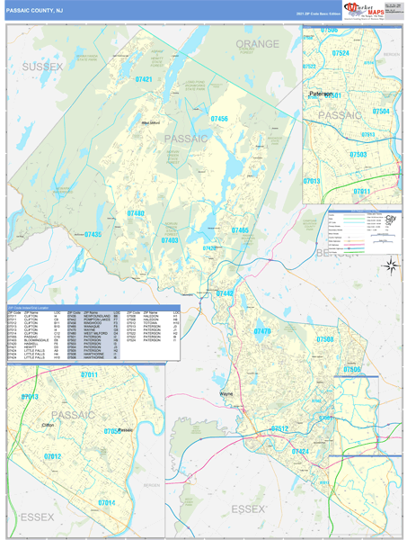 Passaic County, NJ Wall Map Basic Style by MarketMAPS