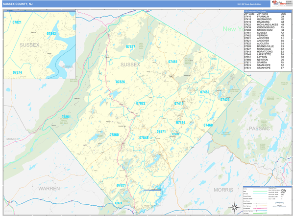 Sussex County, NJ Zip Code Wall Map Basic Style by MarketMAPS