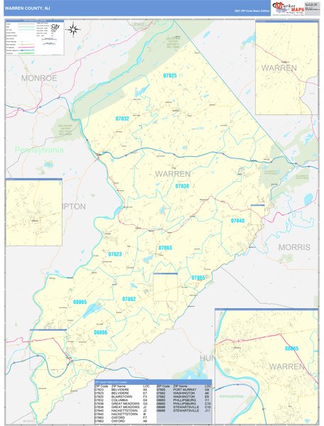 Warren County, NJ Wall Map Basic Style by MarketMAPS