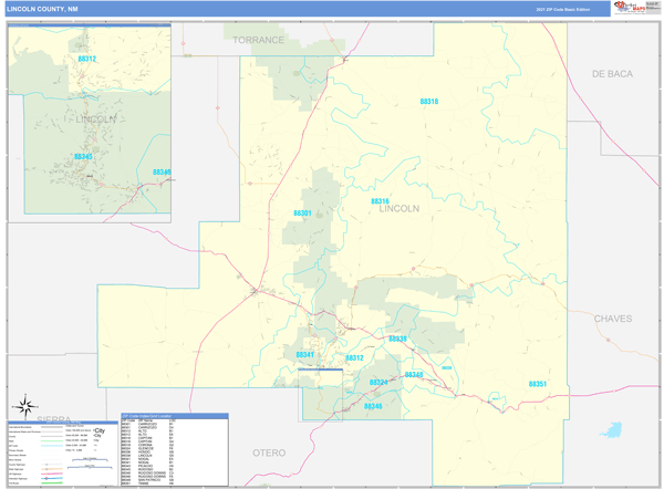 Lincoln County, NM Zip Code Wall Map Basic Style by MarketMAPS