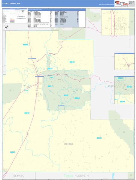 Otero County, NM Zip Code Wall Map Basic Style by MarketMAPS