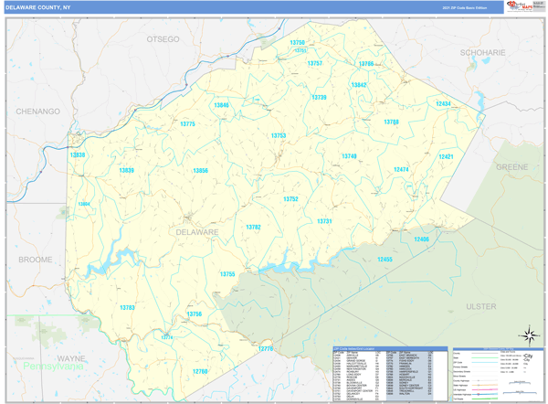 Delaware County, NY Zip Code Wall Map Basic Style by MarketMAPS