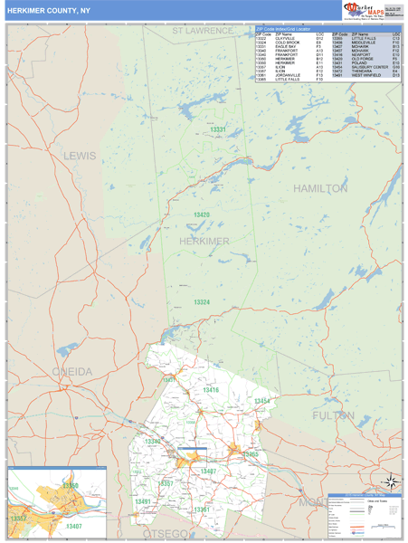 Herkimer County, NY Zip Code Wall Map Basic Style by MarketMAPS