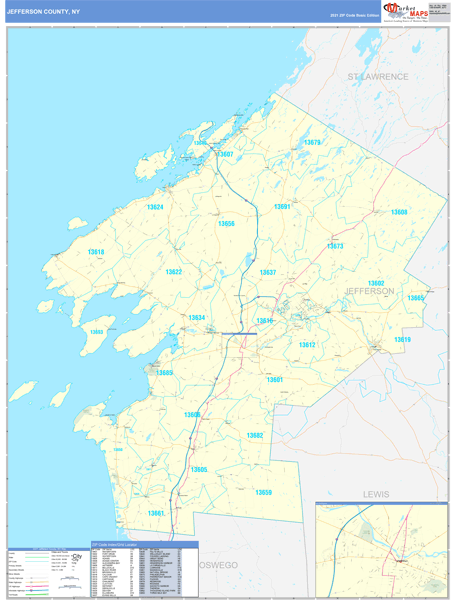 Jefferson County, NY Wall Map Basic Style by MarketMAPS