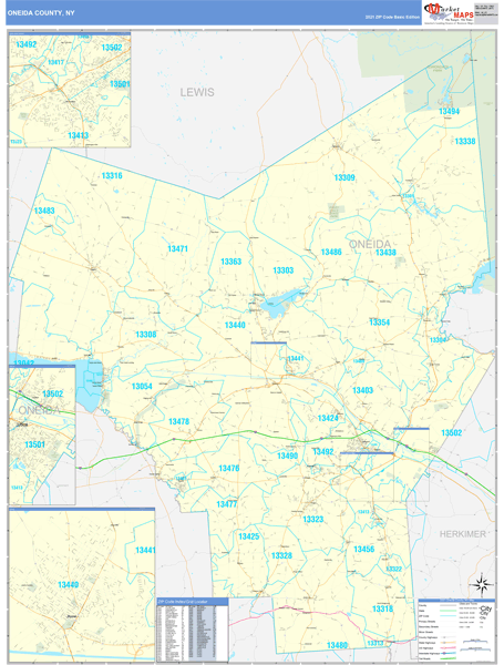 Oneida County, NY Zip Code Wall Map Basic Style by MarketMAPS