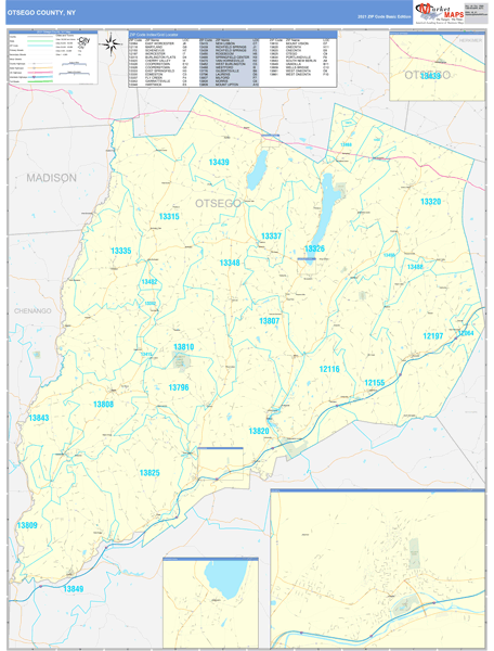 Otsego County, NY Zip Code Wall Map Basic Style by MarketMAPS