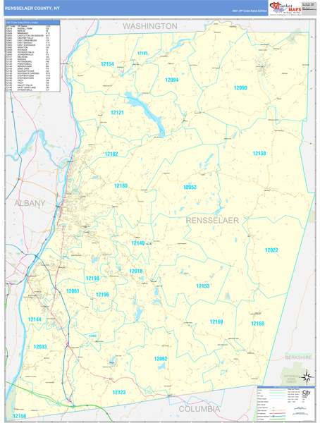 Rensselaer County, NY Zip Code Wall Map Basic Style by MarketMAPS