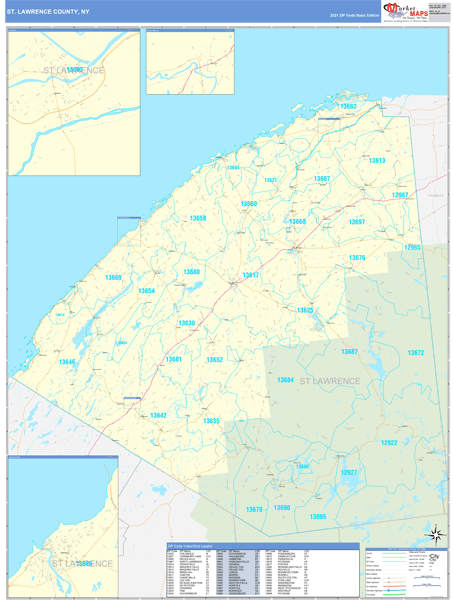 St. Lawrence County, NY Zip Code Wall Map Basic Style by MarketMAPS