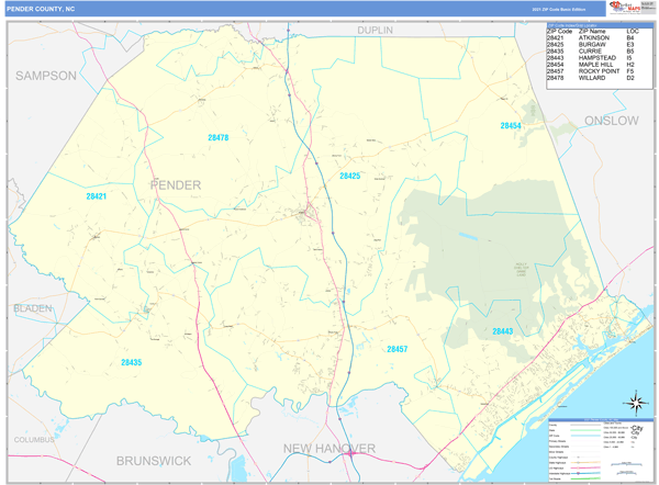 Pender County, NC Wall Map Basic Style by MarketMAPS