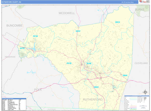 Rutherford County, NC Zip Code Wall Map Basic Style by MarketMAPS