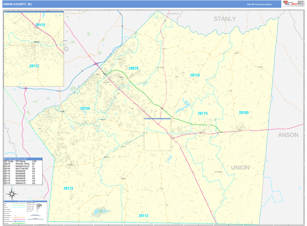 Union County, NC Zip Code Wall Map Basic Style by MarketMAPS