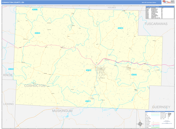 Coshocton County, OH Zip Code Wall Map Basic Style by MarketMAPS