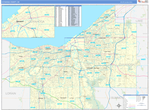 Cuyahoga County, OH Zip Code Wall Map Basic Style by MarketMAPS