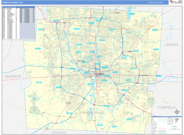 Franklin County, OH Zip Code Wall Map Basic Style by MarketMAPS