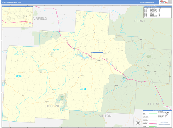 Hocking County, OH Zip Code Wall Map Basic Style by MarketMAPS