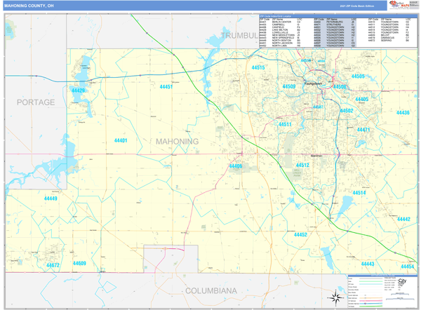 Mahoning County, OH Zip Code Wall Map Basic Style by MarketMAPS