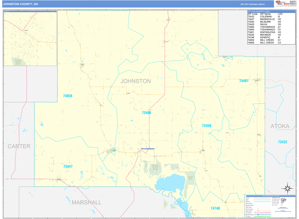 Johnston County, OK Zip Code Wall Map Basic Style by MarketMAPS