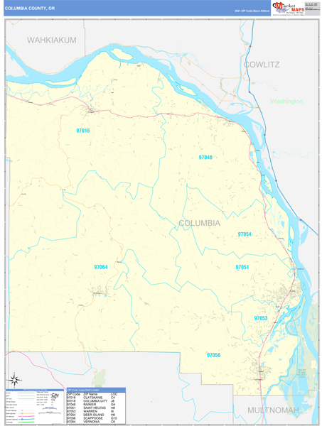 Columbia County, OR Zip Code Wall Map Basic Style by MarketMAPS