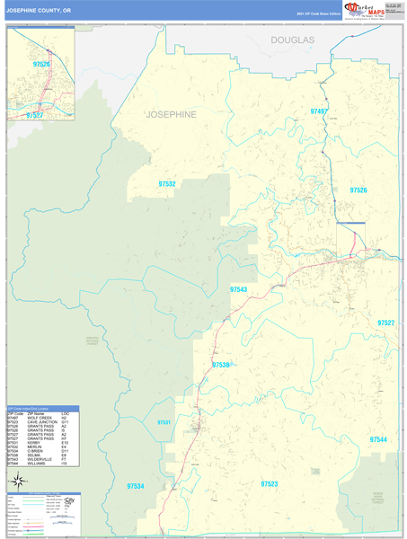 Josephine County, OR Zip Code Wall Map Basic Style by MarketMAPS