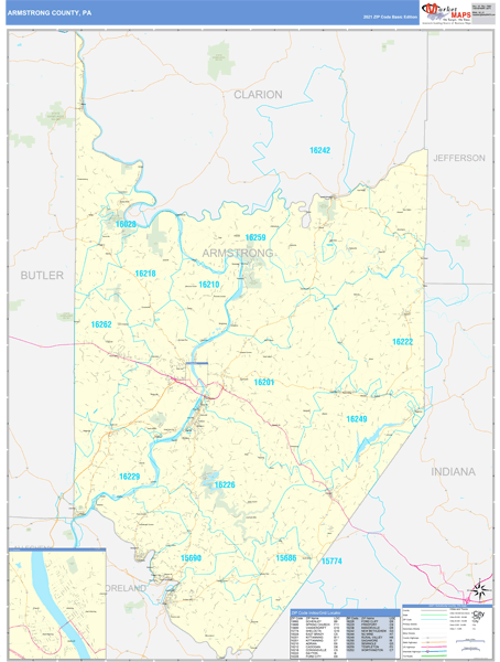 Armstrong County, PA Zip Code Wall Map Basic Style by MarketMAPS