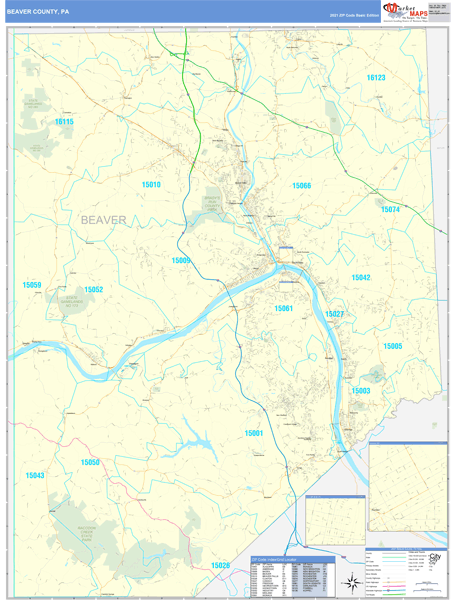 Beaver County, PA Wall Map Basic Style by MarketMAPS