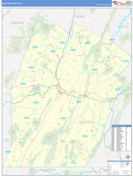 Bedford County, PA Zip Code Wall Map Basic Style by MarketMAPS