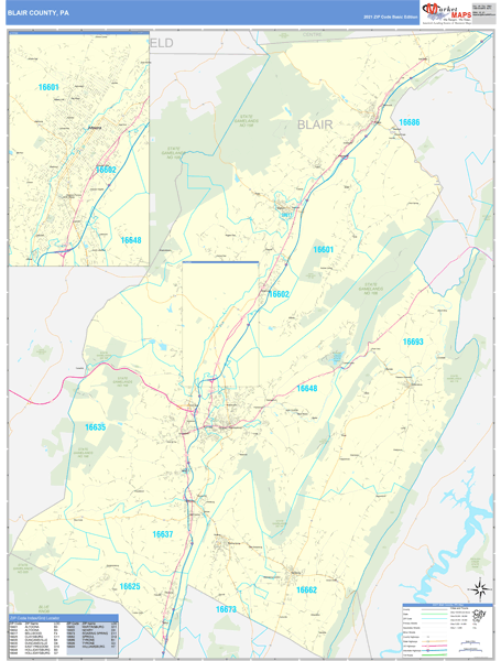 Blair County, PA Zip Code Wall Map Basic Style by MarketMAPS