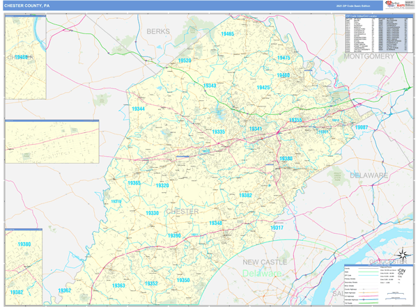 Chester County, PA Zip Code Wall Map Basic Style by MarketMAPS