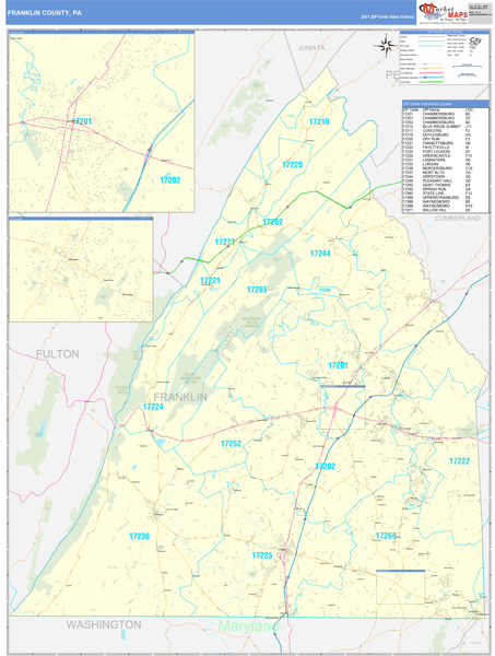 Franklin County, PA Zip Code Wall Map Basic Style by MarketMAPS