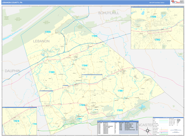 Lebanon County, PA Zip Code Wall Map Basic Style by MarketMAPS