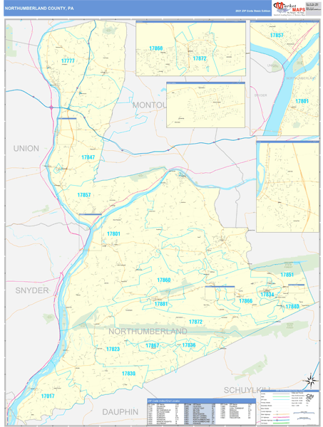 Northumberland County, PA Zip Code Wall Map Basic Style by MarketMAPS