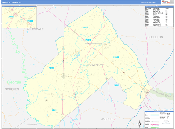 Hampton County, SC Zip Code Wall Map Basic Style by MarketMAPS