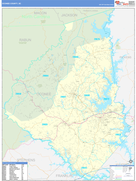 Oconee County Sc Zip Code Wall Map Basic Style By Marketmaps 0741