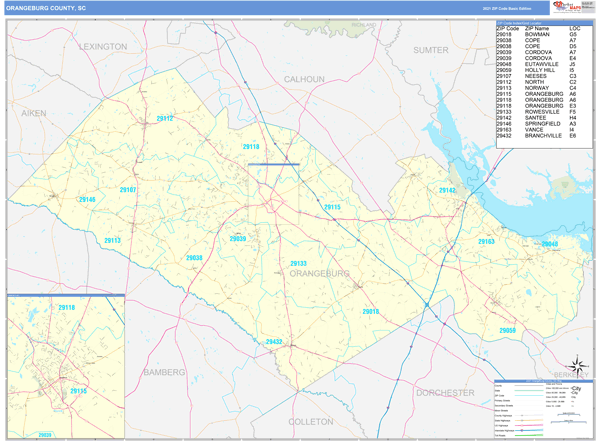 Orangeburg County, SC Zip Code Wall Map Basic Style by MarketMAPS