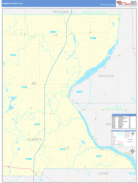 Roberts County, SD Wall Map Basic Style by MarketMAPS