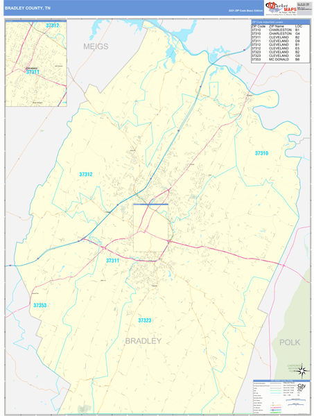 Bradley County, TN Zip Code Wall Map Basic Style by MarketMAPS