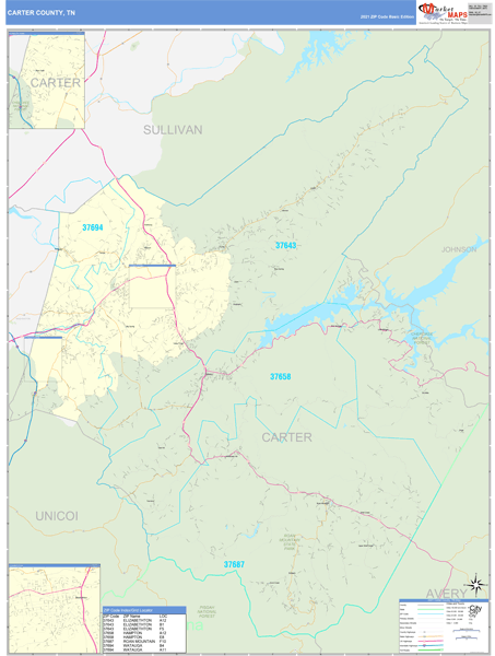 Carter County, TN Wall Map Basic Style by MarketMAPS