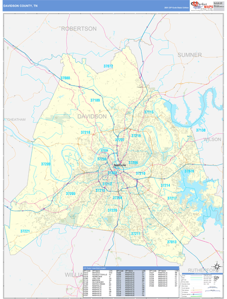 Davidson County, TN Zip Code Wall Map Basic Style by MarketMAPS