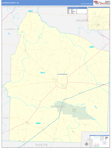 Haywood County, TN Zip Code Wall Map Basic Style by MarketMAPS