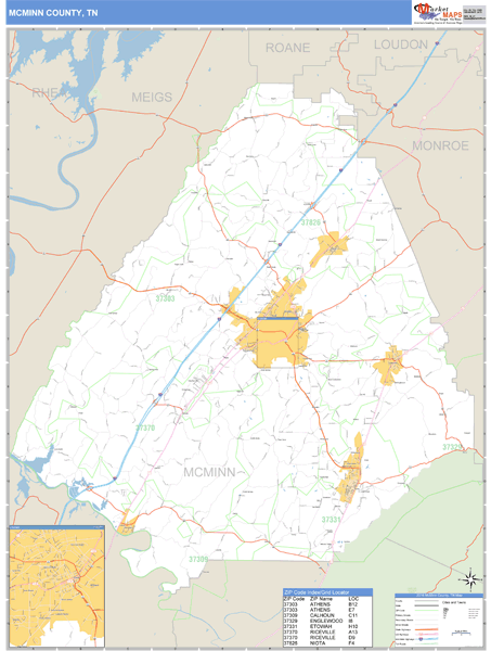 McMinn County, TN Zip Code Wall Map Basic Style by MarketMAPS