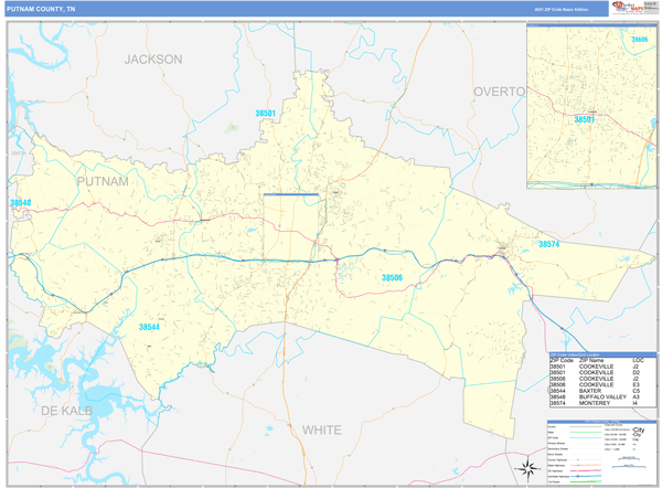 Putnam County, TN Zip Code Wall Map Basic Style by MarketMAPS