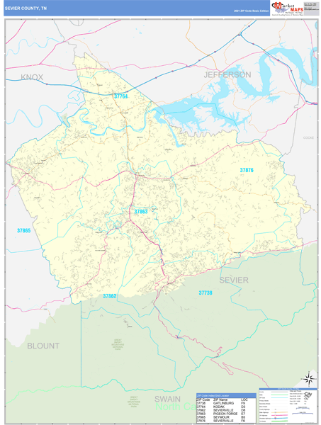 Sevierville Tn Zip Code Map Sevier County, Tn Carrier Route Wall Map Basic Style By Marketmaps -  Mapsales