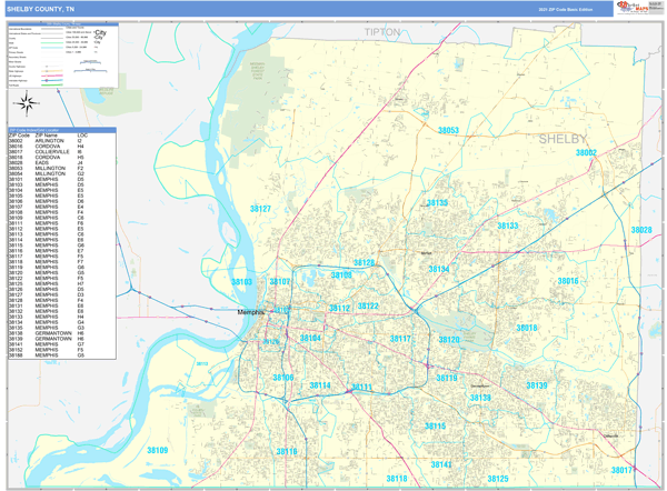 Shelby County, TN Zip Code Wall Map Basic Style by MarketMAPS