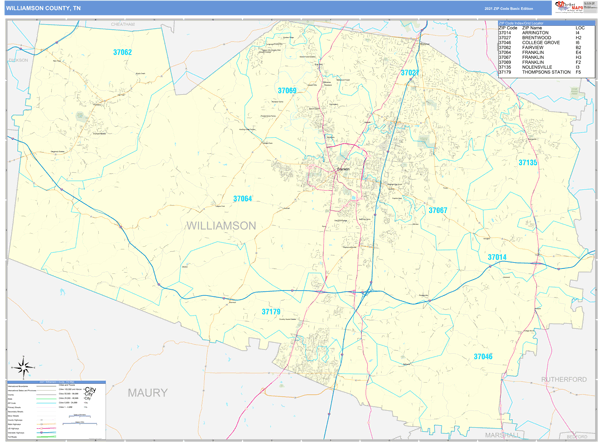 Williamson County, TN Zip Code Wall Map Basic Style by MarketMAPS